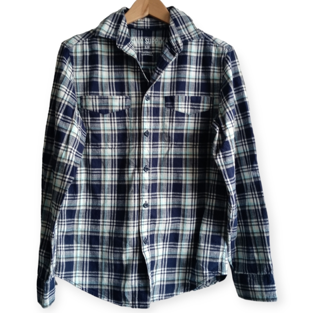 MOSSIMO SUPPLY CO. MEN'S BLUE PLAID LONG-SLEEVE BUTTON-DOWN SHIRT. SIZE S/P.